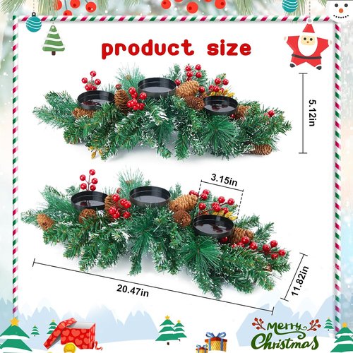 Brightown Christmas Candle Holder - 20.5” Iron Design with Pine Needles, Red Berries & Gold Accents