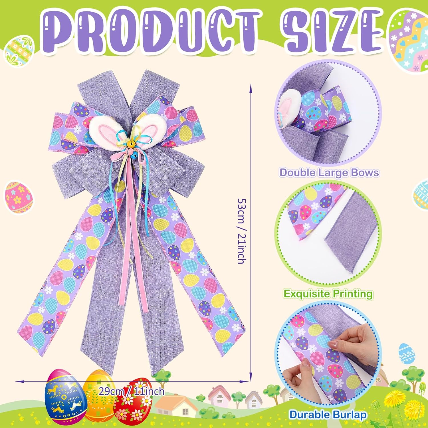 Skiennix Large Purple Spring Bows - 21x11 Inch Bunny Tree Topper Wired Ribbon Decor | 4 Pcs Set