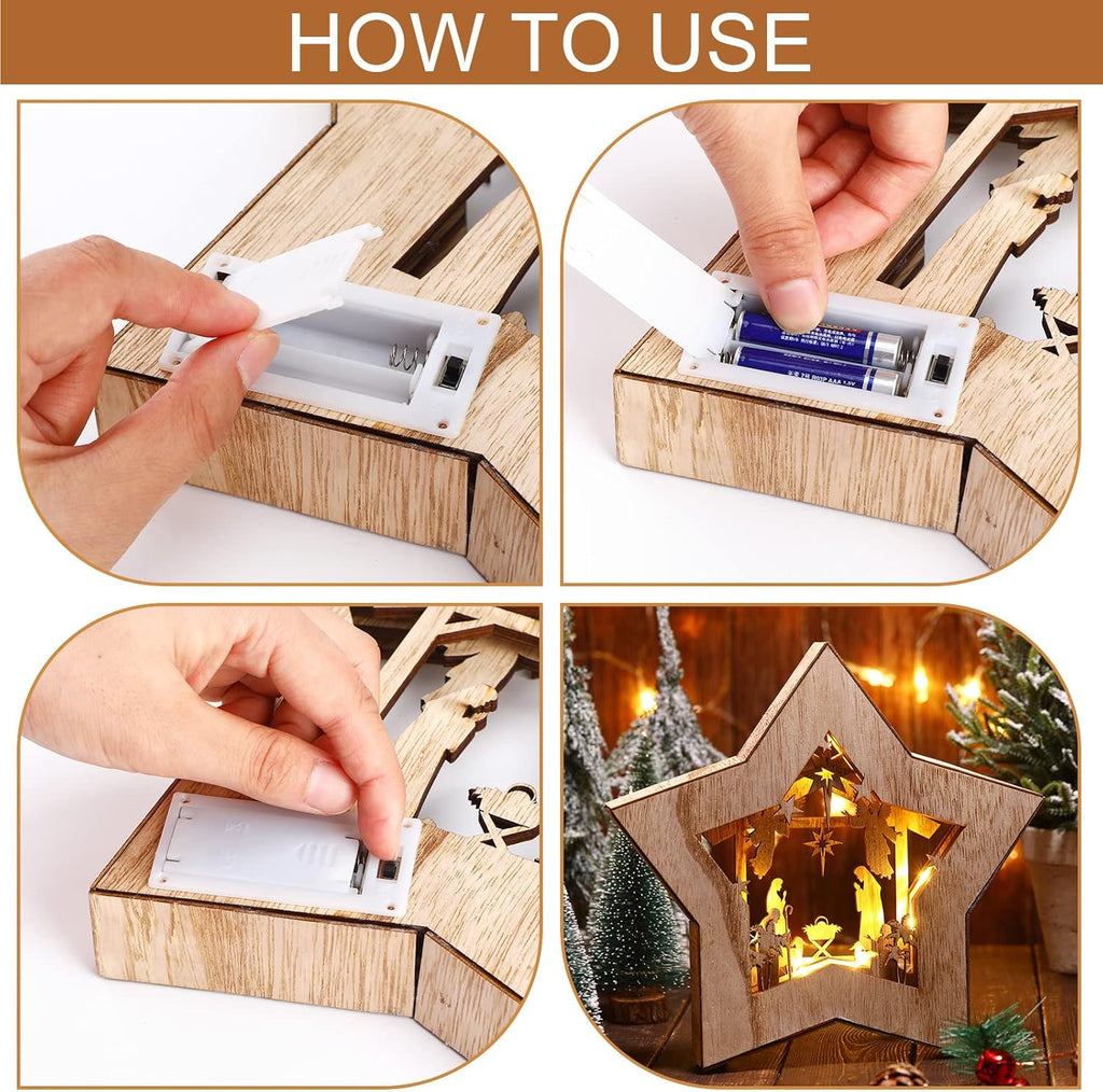 Skiennix Wooden Nativity Scene Set - Rustic Christmas Tabletop Decoration with LED Light | Indoor Decor