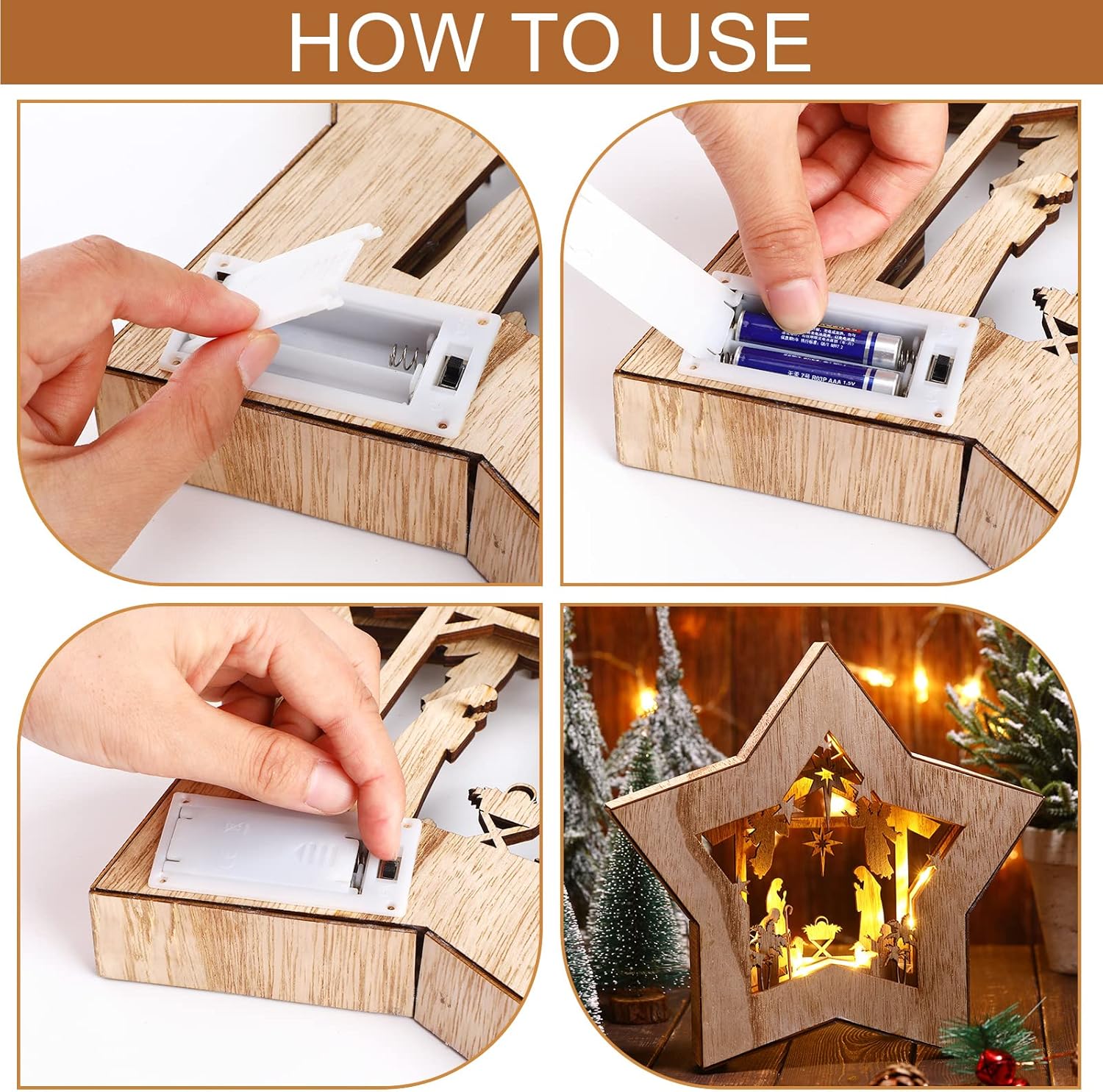 Skiennix Wooden Nativity Scene Set - Rustic Christmas Tabletop Decoration with LED Light | Indoor Decor