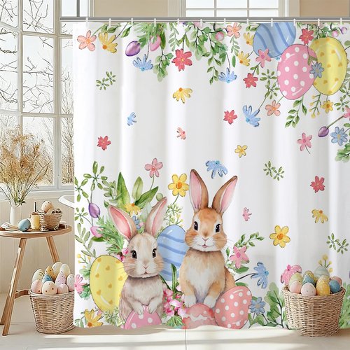 Baccessor Easter Bunnies Eggs Shower Curtain,Cute Rabbits Spring Flowers Shower Curtain Bathroom Bath Home Decor Waterproof Polyester Fabric with Hooks 72 W x72 H Inch
