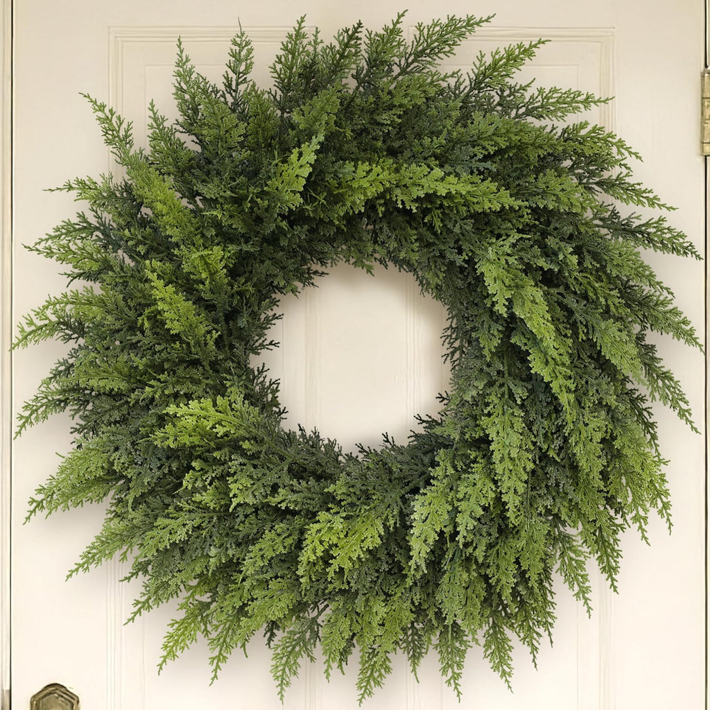 24" Soft Textured Christmas Cedar Wreath - Artificial Cedar Wreaths Faux Green Fake Pine Needles Wreath for Front Door, Wall, Windows, Home,Outdoor,Xmas Decor