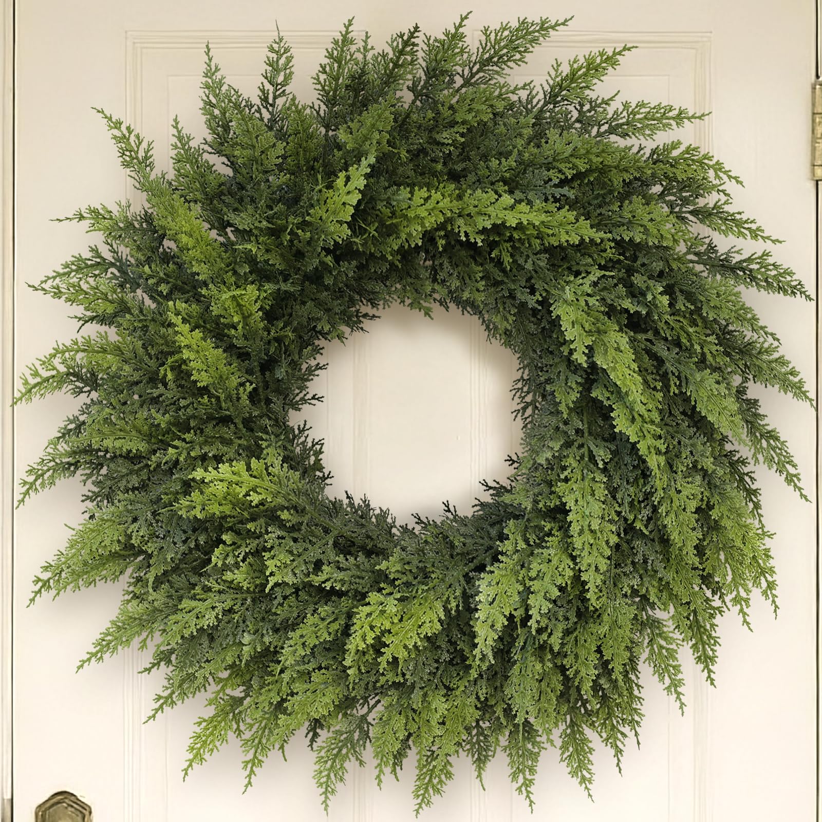 24" Soft Textured Christmas Cedar Wreath - Artificial Cedar Wreaths Faux Green Fake Pine Needles Wreath for Front Door, Wall, Windows, Home,Outdoor,Xmas Decor