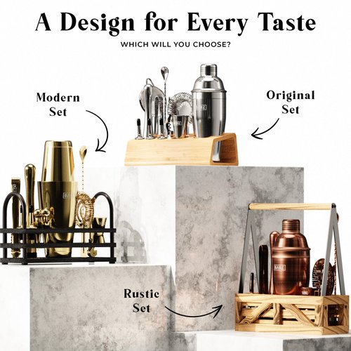 BARE BARREL® Mixology Bartender Kit Bar Set | 14-Piece Cocktail Shaker Set | Martini Barware Mixing Tools for Home Bartending | 35 Recipe Cards | Gift Set (24oz Cobbler Shaker, Gold/Black)