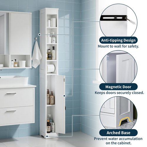 VECELO 71" Tall Bathroom Storage Cabinet, Narrow Storage Cabinet with Adjustable Shelves, Toilet Paper Rod and Magnetic Door, Freestanding Slim Bathroom Storage Cabinets for Small Space, White