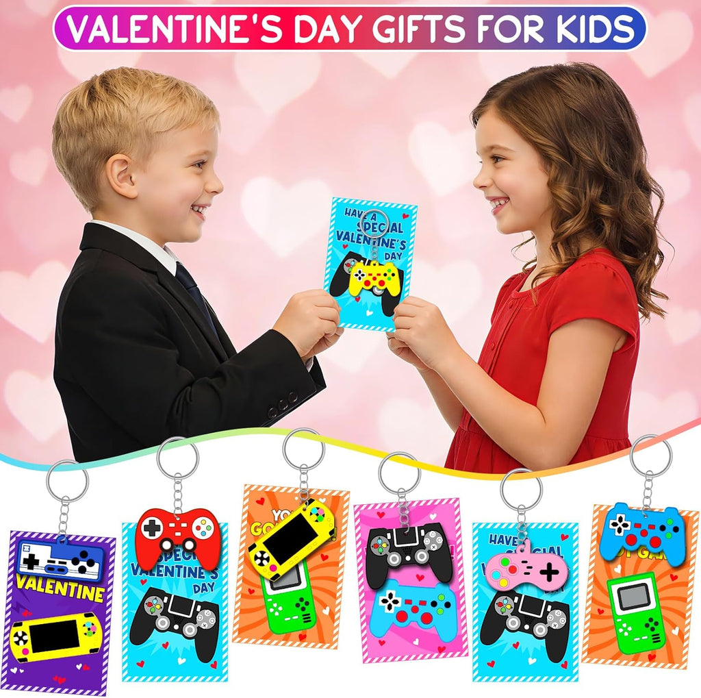 Skiennix 30-Pack Valentine's Day Cards & Video Game Keychains | Perfect Classroom Exchange Gifts for Kids