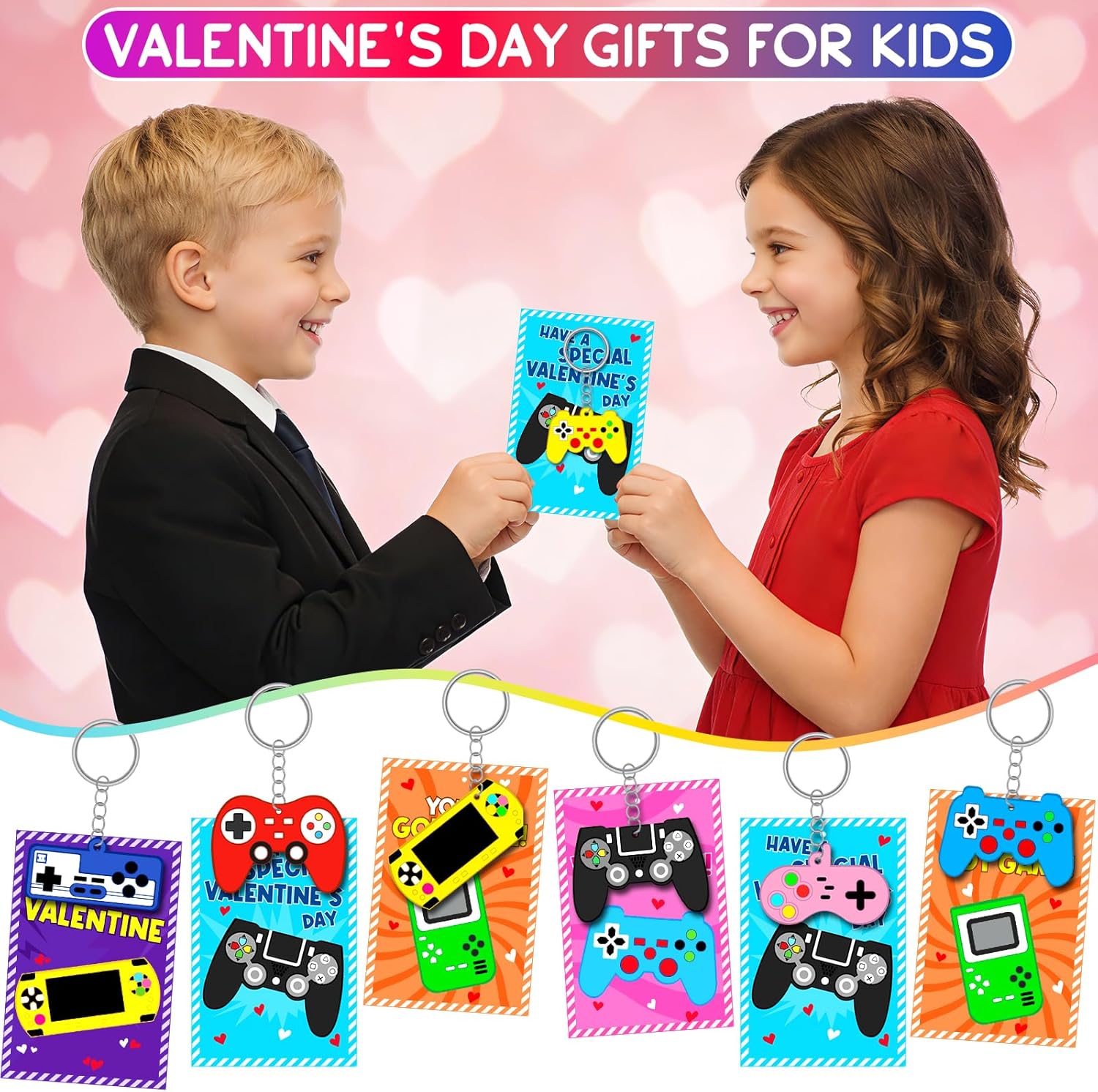 Skiennix 30-Pack Valentine's Day Cards & Video Game Keychains | Perfect Classroom Exchange Gifts for Kids