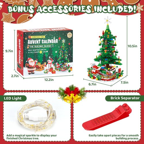 Coovernier Advent Calendar 2025, Christmas Countdown Building Set with LED Light & 2 Play Modes, 24-Day Holiday Activity for Kids & Adults, Creative Christmas Gift for Ages 6+