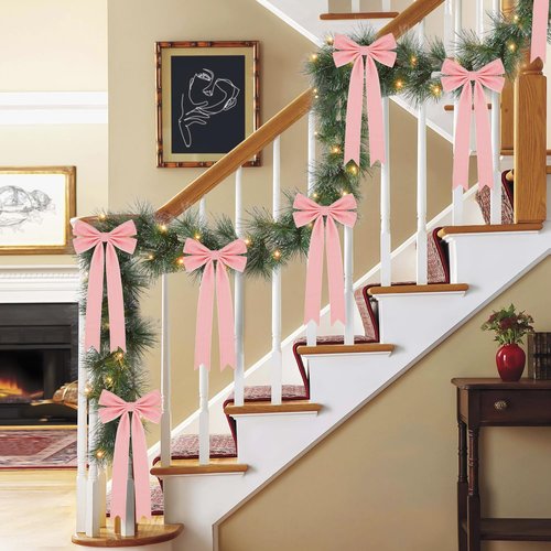 Christmas Bows for Gift Wrapping 8 X 14 Inch Long Velvet Ribbon Bows for Tree Wreath, Garland, Fireplace, Stairs, Mirror, Door, Holiday Crafts Decor, Pack of 4 (Pink)