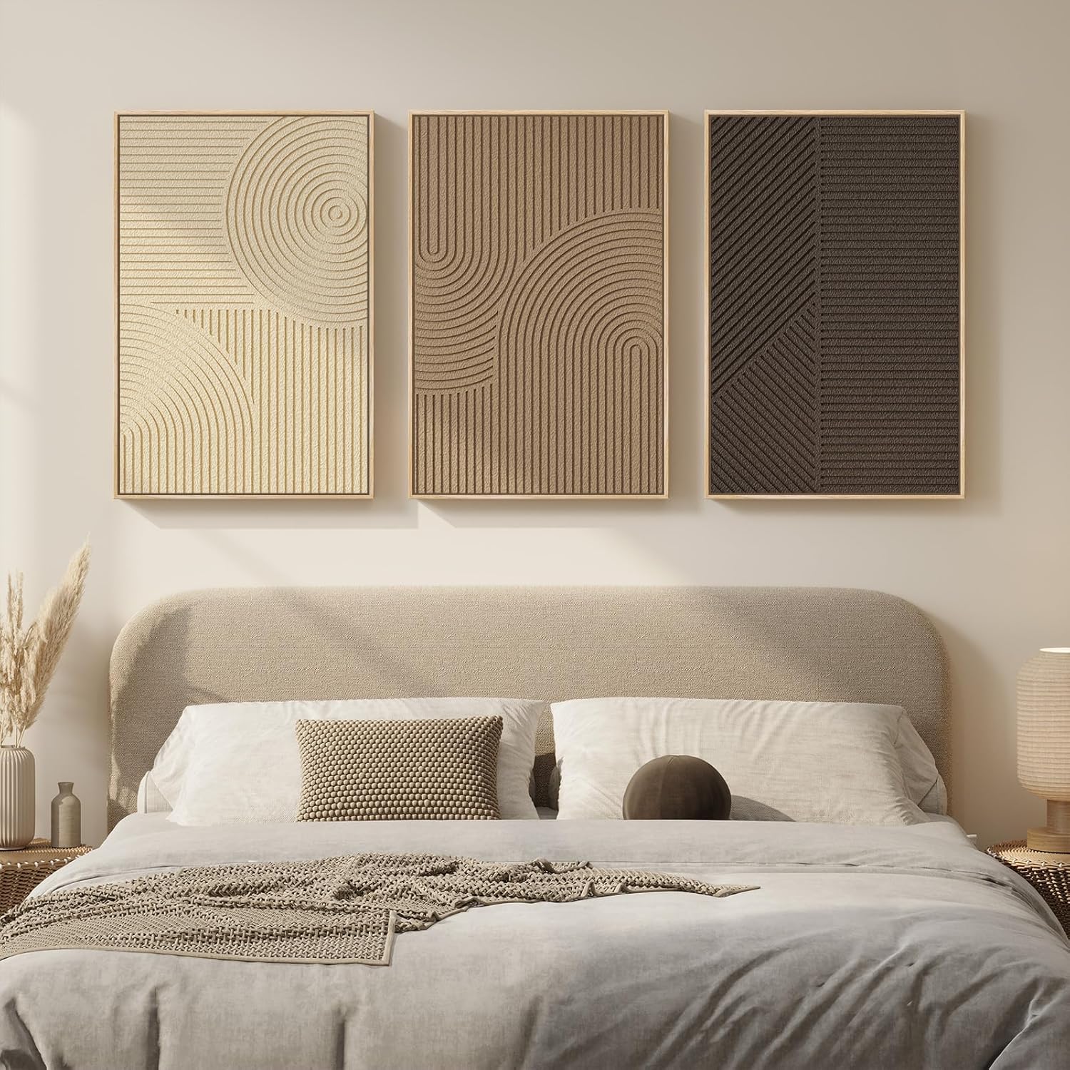 Skiennix 3D Textured Framed Boho Wall Art - Modern Minimalist Paintings | 3 Piece Set, 20x30 In, Brown Beige Tan