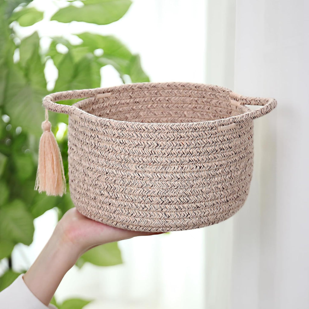 SweetMemo Mini Woven Rope Organizer Baskets - Decorative Gift Basket for Baby Showers & Home Storage - Warm Brown