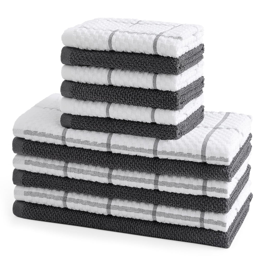 QAJ 12 Pack Kitchen Towels and Dishcloths Set, 100% Cotton Soft and Absorbent Kitchen Towels 16 x 25 inche & 13 x 13inche Dishcloths