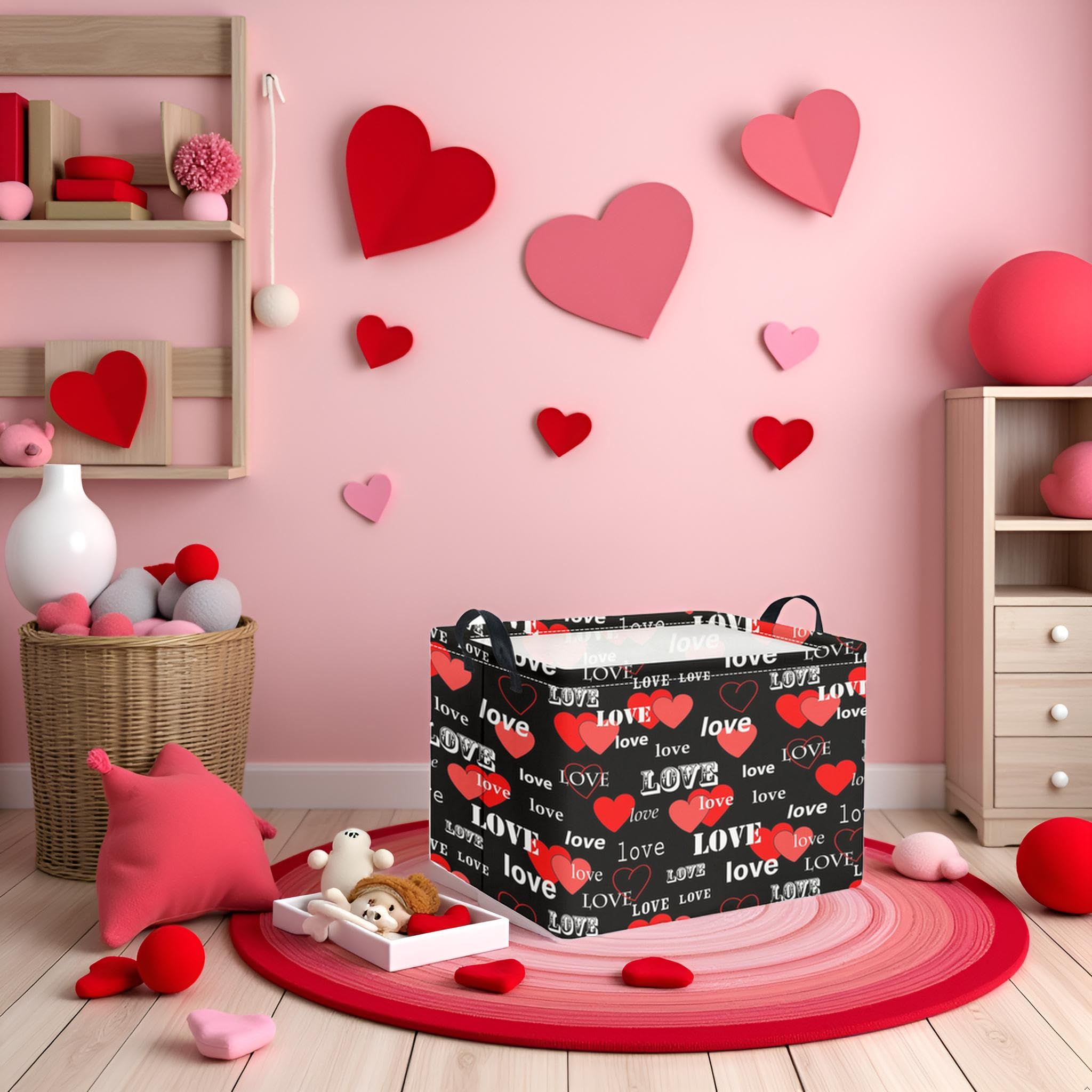 TIBAOLOVER Rectangular Valentines Basket for Home Kitchen Girls Cute Kids Storage Bin Organizer Shelf Book Room Decor(Black Red Love)