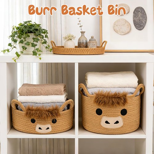 Hkojewp Oval Highland Cute Cow Basket for Nursery, Small Woven Gift Basket, Rope Cotton Storage for Gifts Empty, Baby Shower Blanket 0rganizer with Handles,Towel Decorative Bins, 12"D x 5"H in