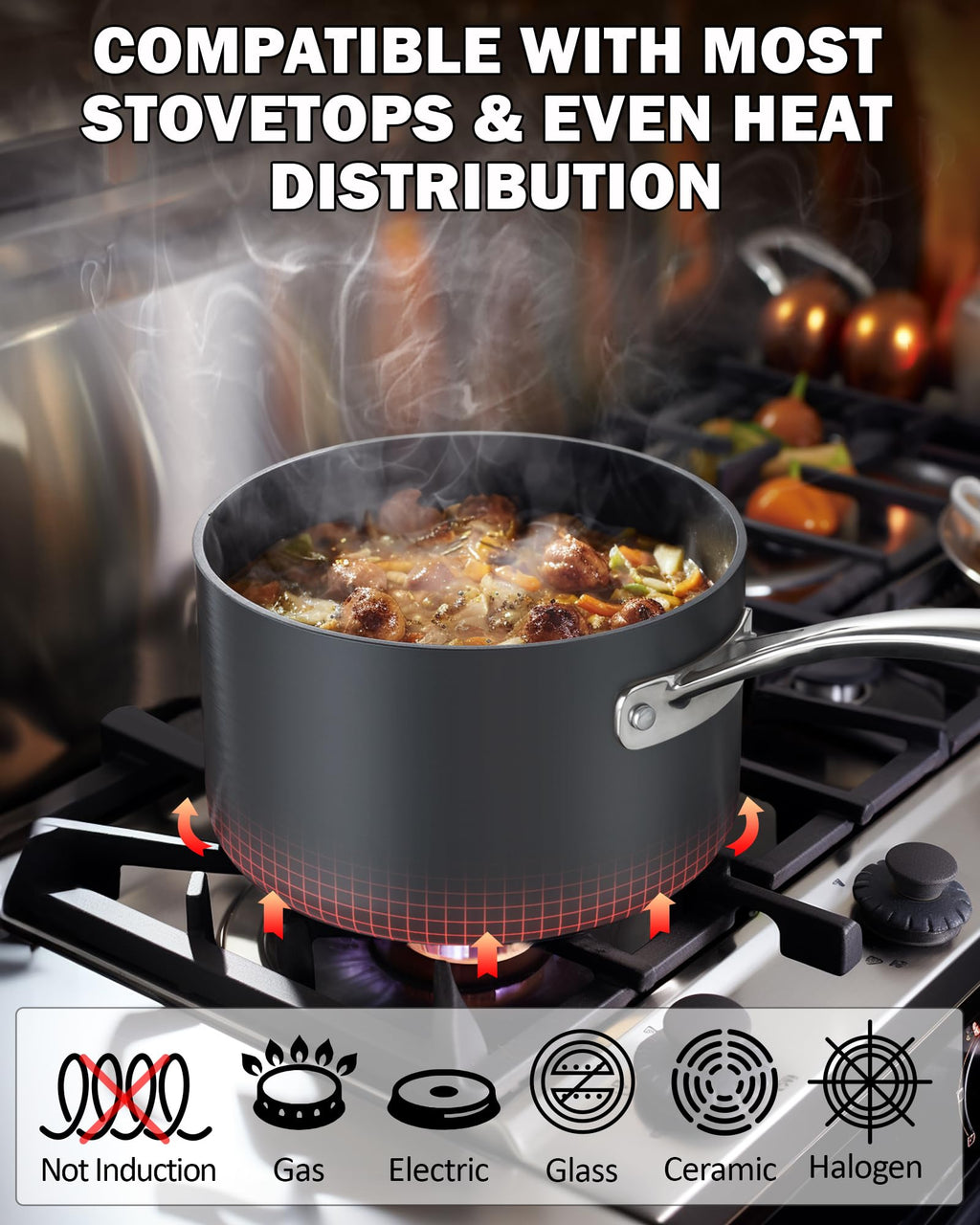 Cooks Standard Classic 1 Quart and 2 Quart Nonstick Saucepan Set with Glass Lids, Hard Anodized Non Stick Sauce Pans, Small Kitchen Cooking Sauce Pots Mini Milk Pans, Dishwasher Safe Cookware, Black