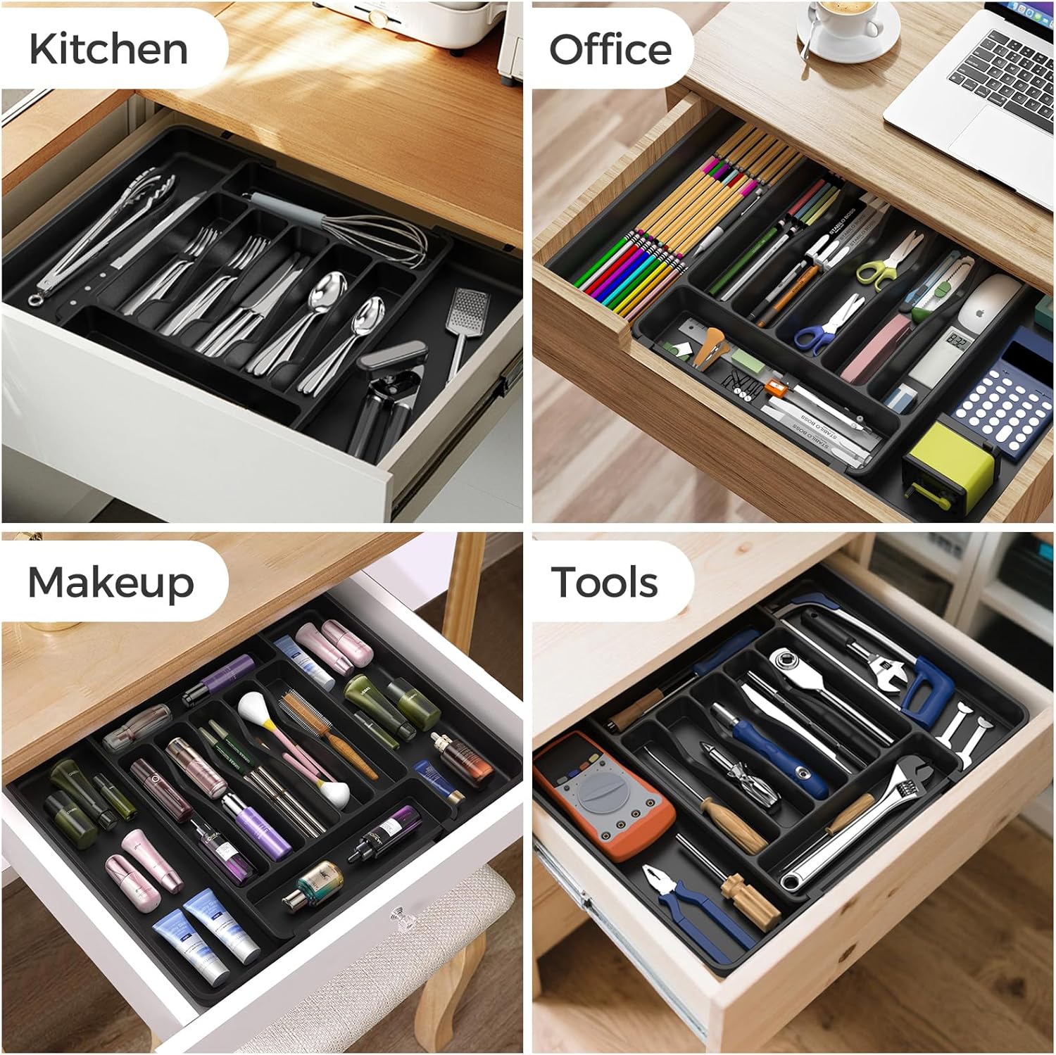 Ukeetap Extra Large Expandable Silverware Organizer - BPA-Free Cutlery Holder for Kitchen Drawers | Black