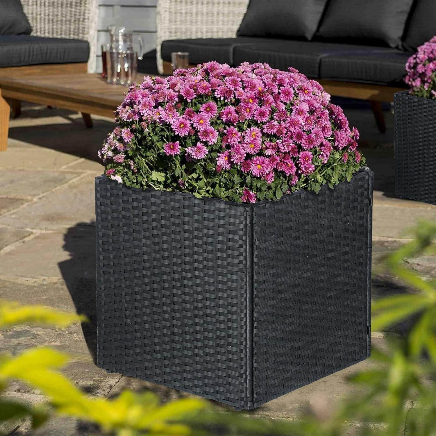 SUNNYPARK Large Square Planters - Set of 2 with Removable Liner for Indoor/Outdoor Use | All-Weather PE Rattan