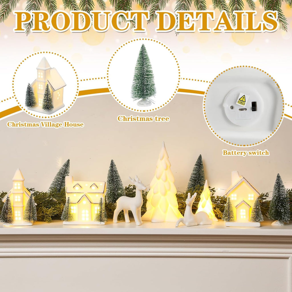Regine Switzerland 12-Pc Ceramic Christmas Village Set - White Houses, LED Trees & Reindeer Decor