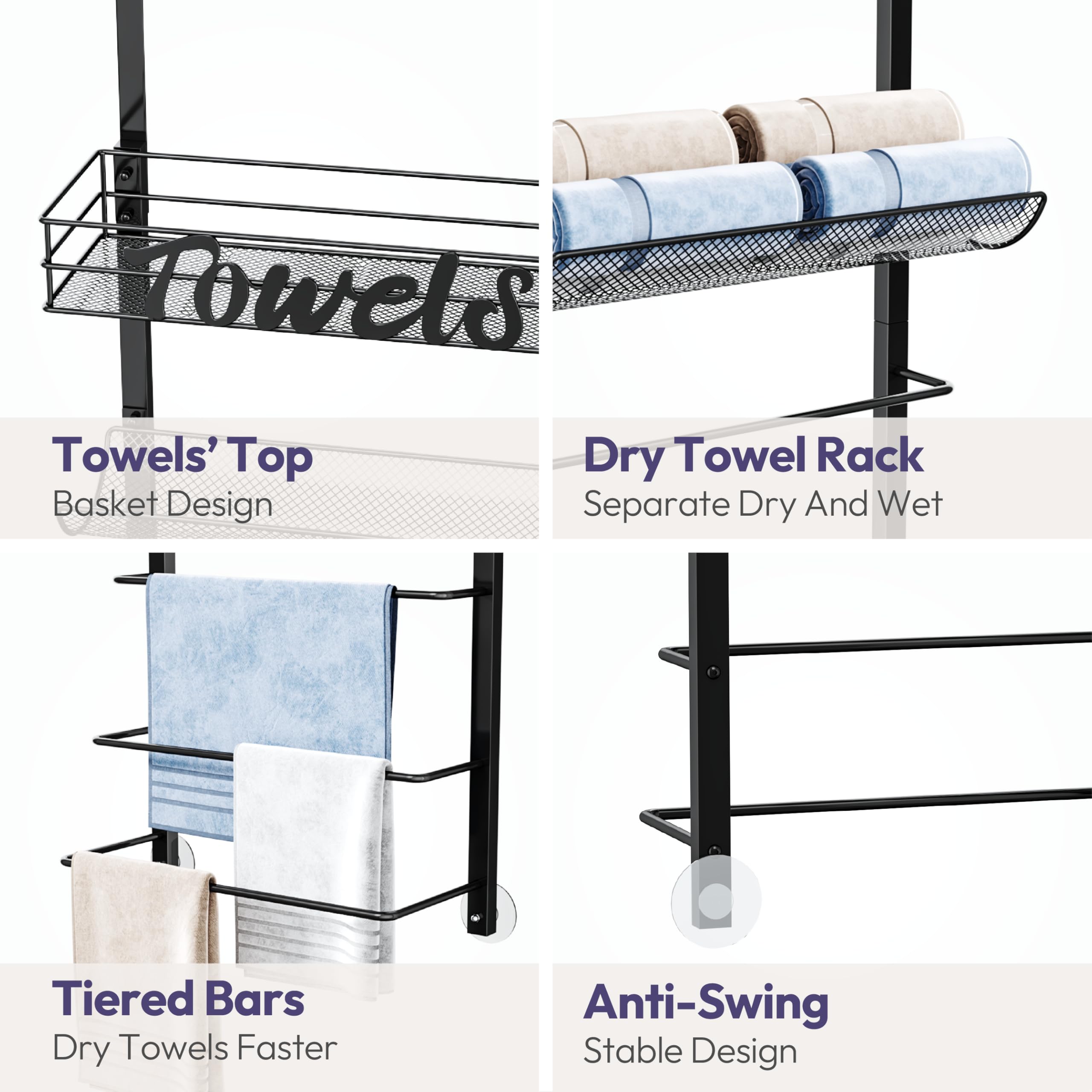 SWTYMIKI Over The Door Towel Racks for Bathroom - 5-Tier Wall Mounted Bathroom Towel Storage Organizer Holder with Metal Shelf, Black