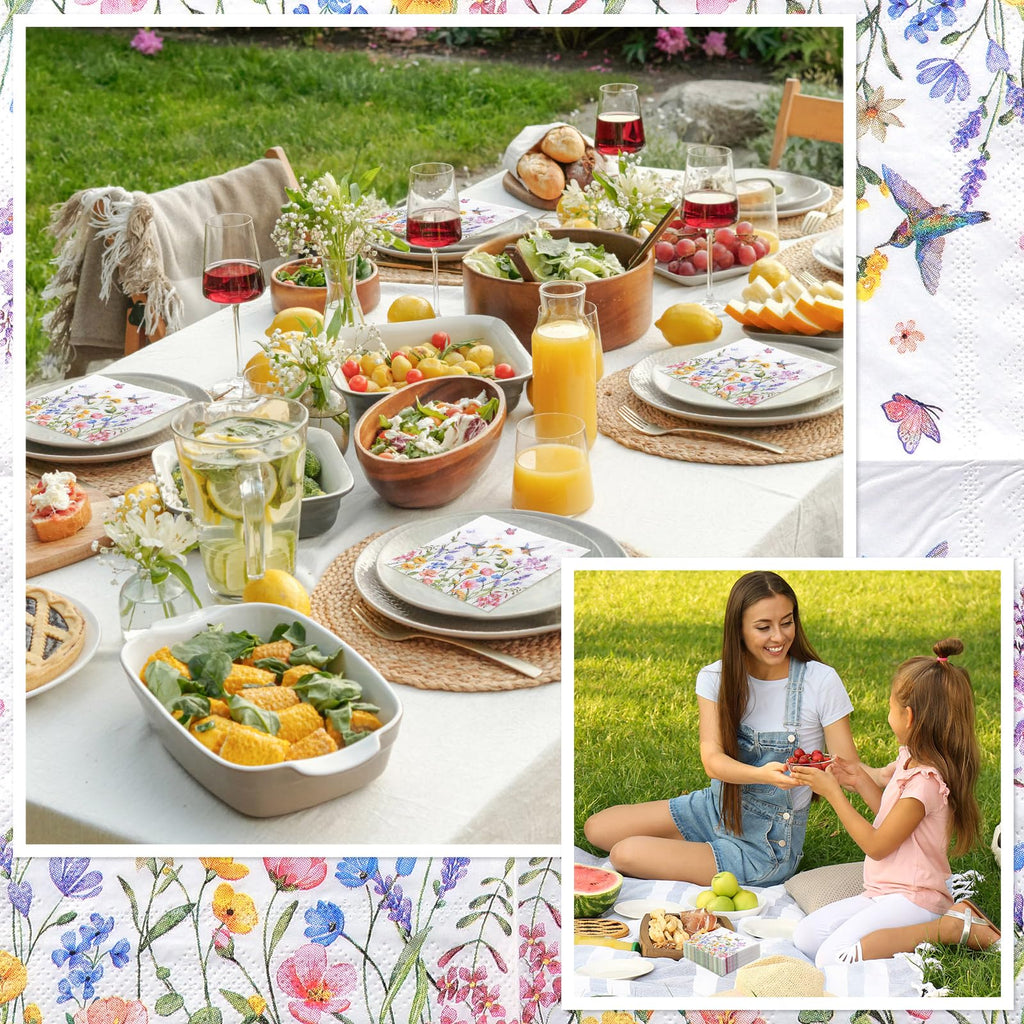 NatNarr 100 Pcs Wildflower Napkins, 2-Ply Floral Cocktail Napkins Spring Decoupage Napkin Butterfly Hummingbird Flower Dessert Beverage Napkin for Mothers Day, Baby Shower, Tea Party