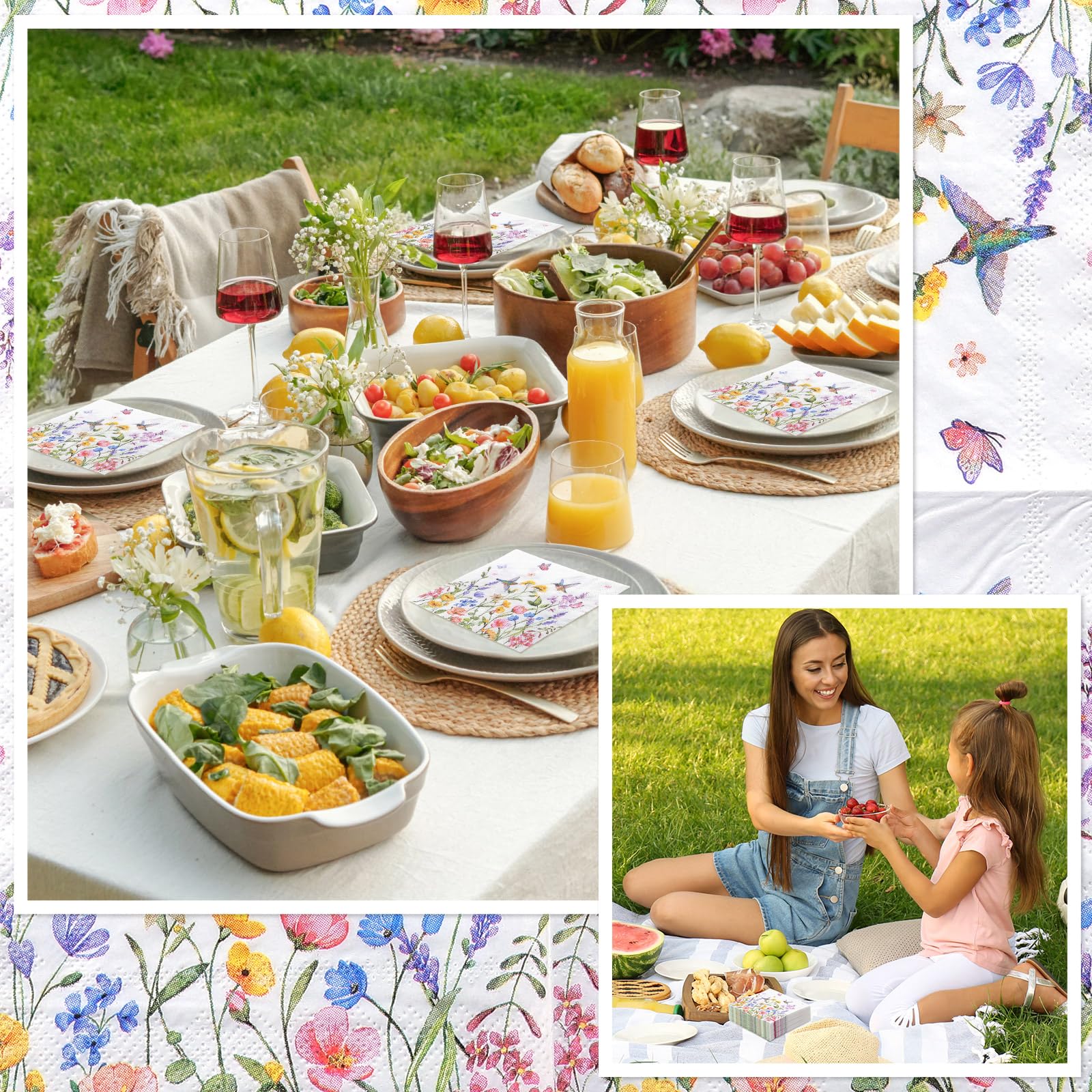 NatNarr 100 Pcs Wildflower Napkins, 2-Ply Floral Cocktail Napkins Spring Decoupage Napkin Butterfly Hummingbird Flower Dessert Beverage Napkin for Mothers Day, Baby Shower, Tea Party