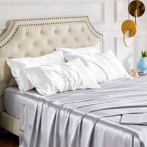 Bedsure Satin Pillowcase Set of 4 - Pure White Silky Pillow Covers for Hair & Skin | 20x26 Inches with Envelope Closure