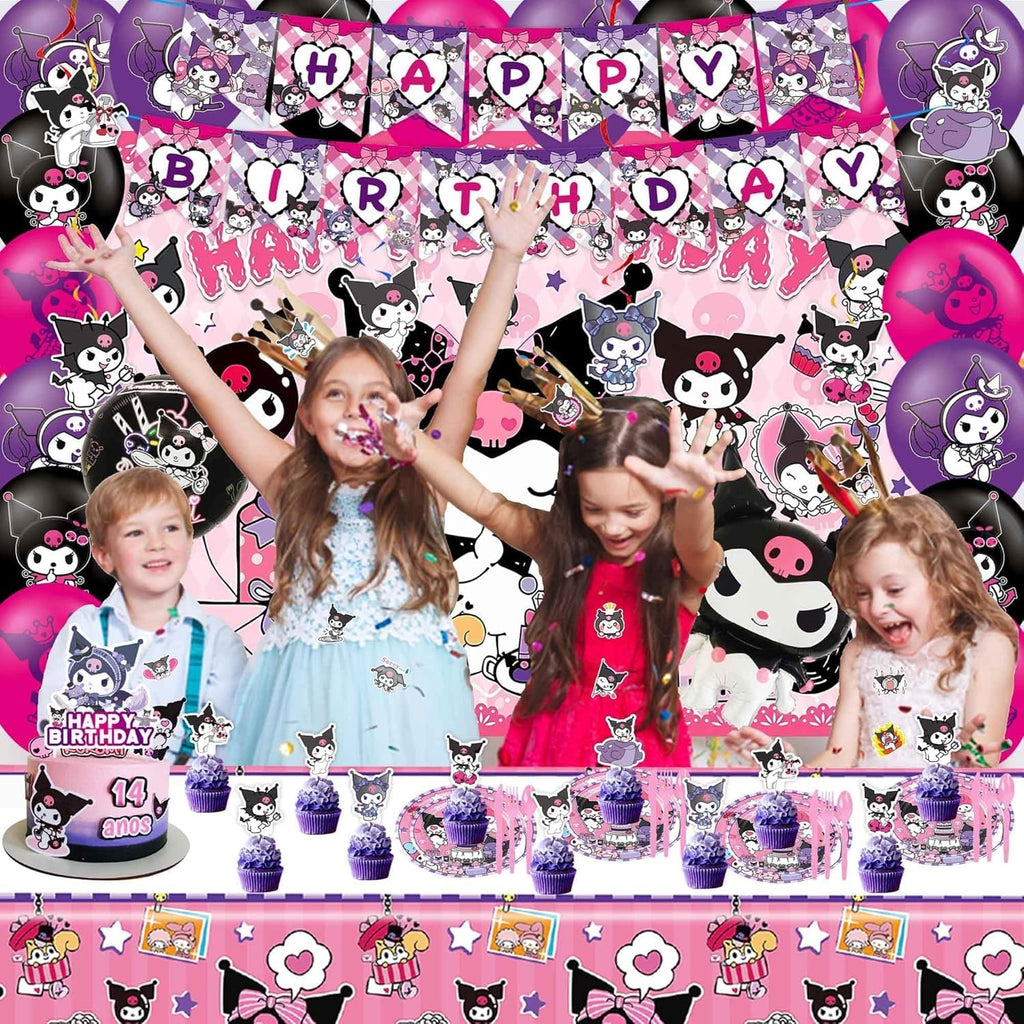 121Pieces Kuromi Birthday Party Decorations, Kids Cute Cartoon Party Supplies Include Happy Birthday Banner, Balloons, Tablecloth, Plates, Cupcake Toppers for Girls,Backdrop,