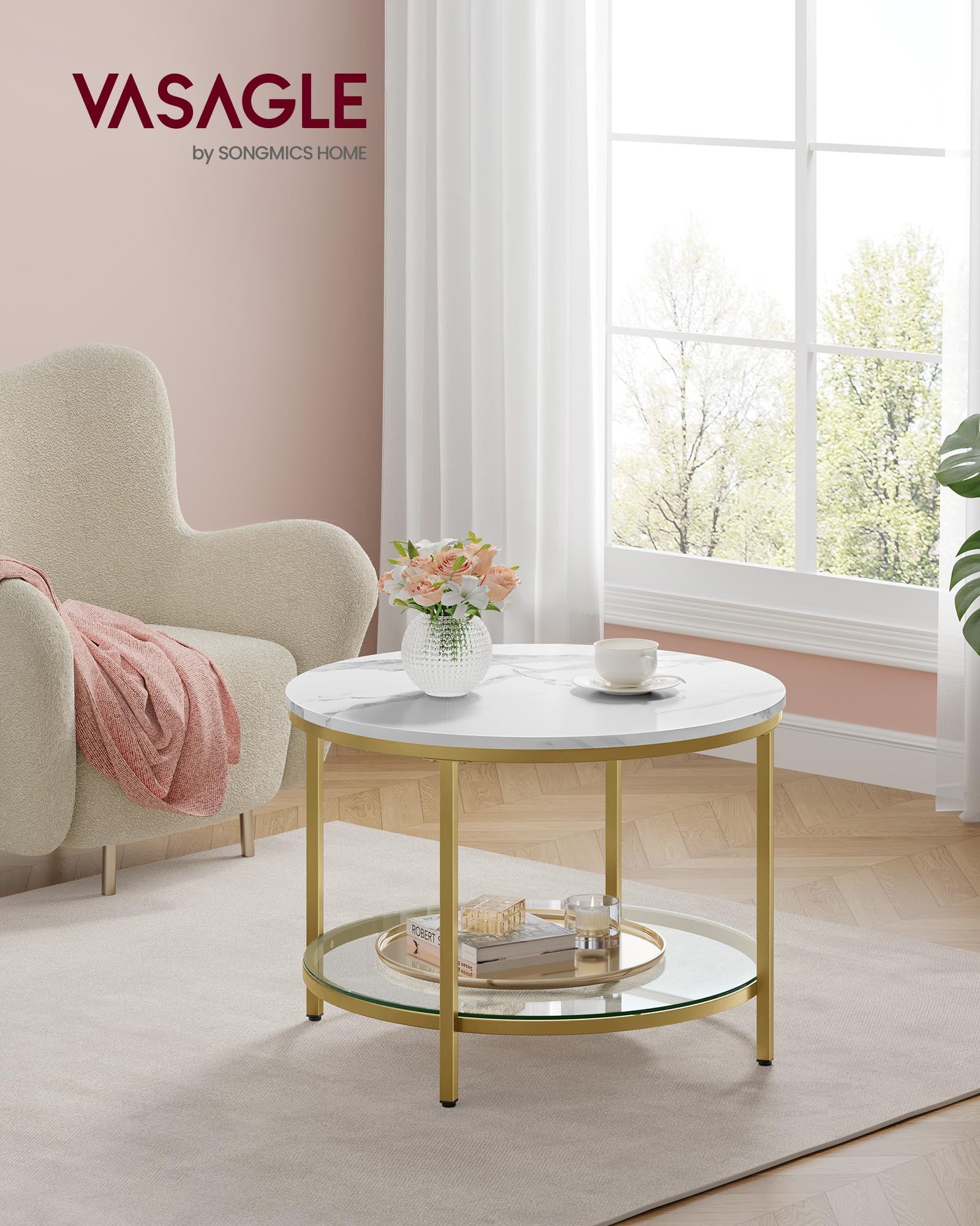 VASAGLE Round Coffee Table, 2-Tier Small Coffee Table with Faux Marble Top and Glass Shelf, Modern Style, for Living Room, 25.6 x 25.6 x 18.1 Inches, Marble White and Pale Gold ULCT072W59