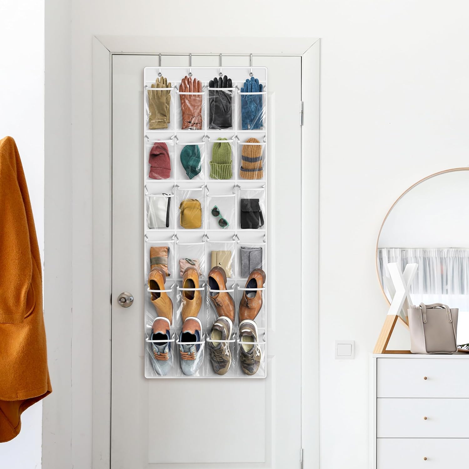 Simple Houseware Over The Door Shoe Organizer - 24 Clear Pockets, White (56" x 22.5")