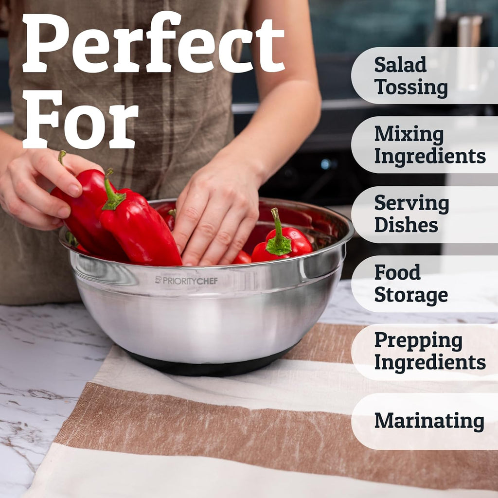 Priority Chef Stainless Steel Mixing Bowls Set - 30-Piece Kitchen Set with Airtight Lids & Non-Slip Bases
