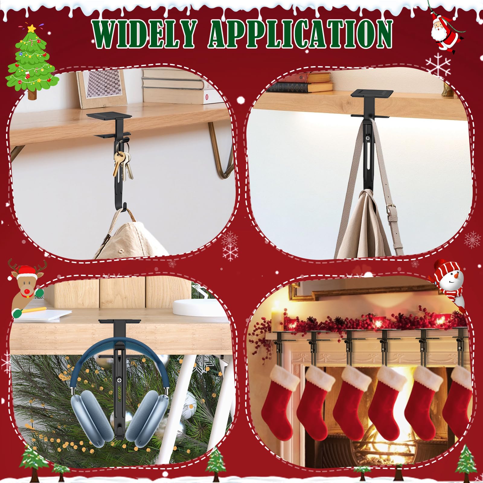 RGJ 6 Pack Christmas Fireplace Stocking and Garland Hanger, 2 in 1 Adjustable Mantle Garland Hanger, No Drill Stocking Holder Hanger for Mantle, Fits Mantles from 0.5" to 3.5" Thick