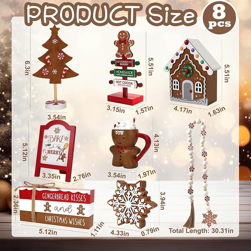 Gingerbread Christmas Decorations 8-Piece Tiered Tray Decor Set - Gingerbread Xmas Variation