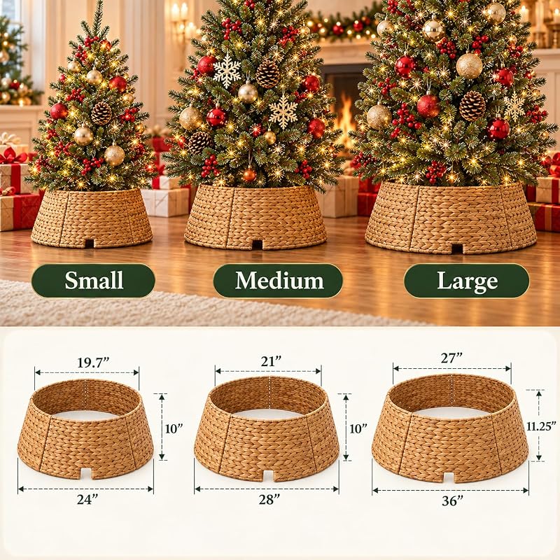 36 Inch Natural Water Hyacinth Christmas Tree Collar with Metal Frame - Handwoven Farmhouse Wicker, Easy Assembly (Variation: Natural+36 Inches)