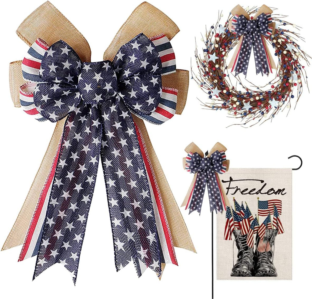 Skiennix Patriotic Decor Bow - Burlap Red, White & Blue Stripe Stars for Wreaths & Tree Toppers