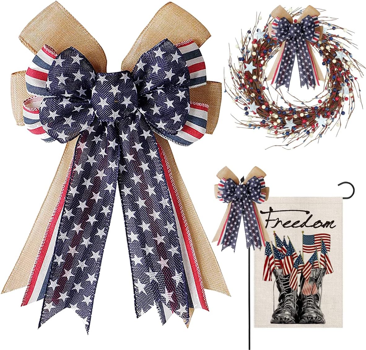 Skiennix Patriotic Decor Bow - Burlap Red, White & Blue Stripe Stars for Wreaths & Tree Toppers