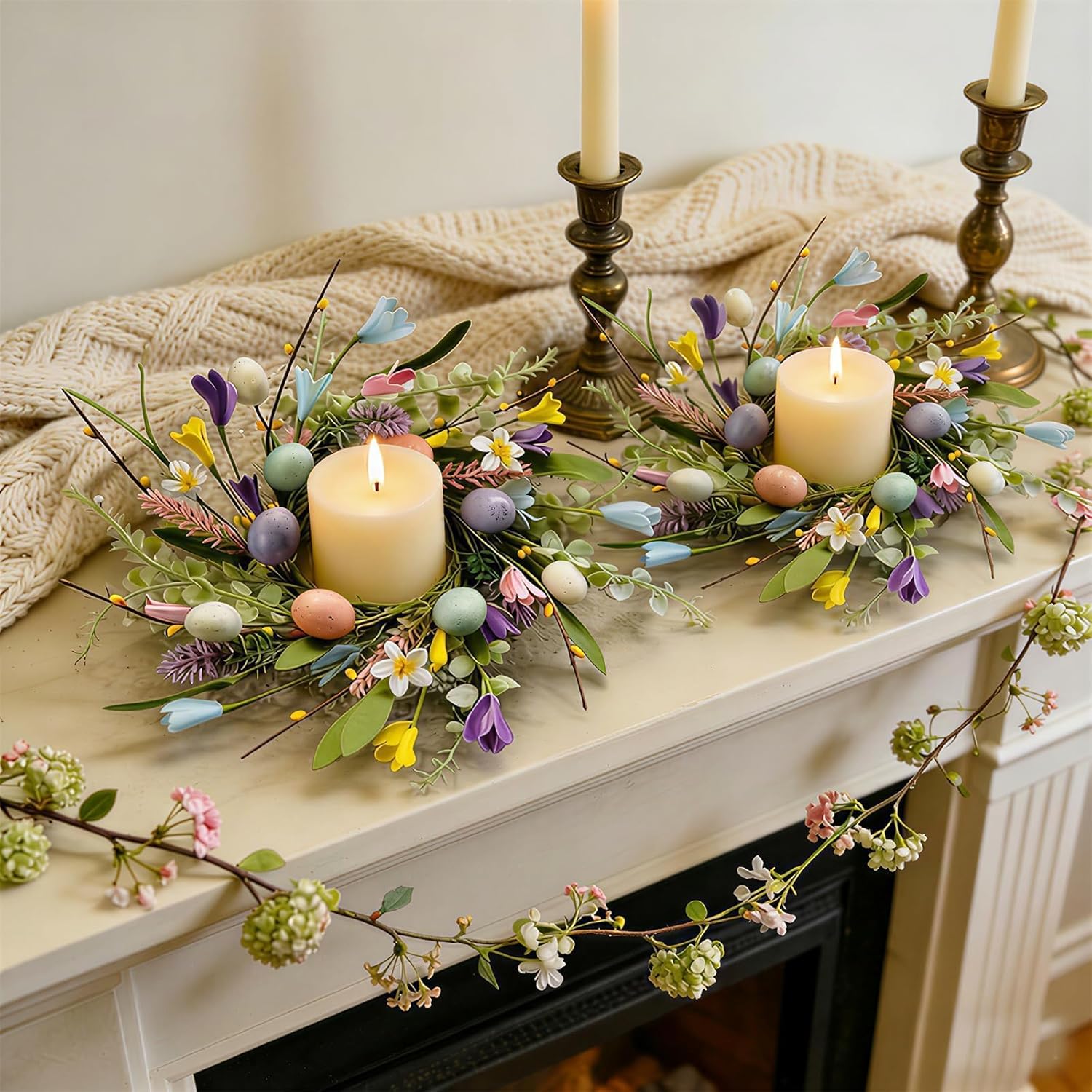 Skiennix Easter Candle Rings - 6 Pcs Mini Pillar Holders with Eggs & Flowers | Spring Yellow Berries Decor