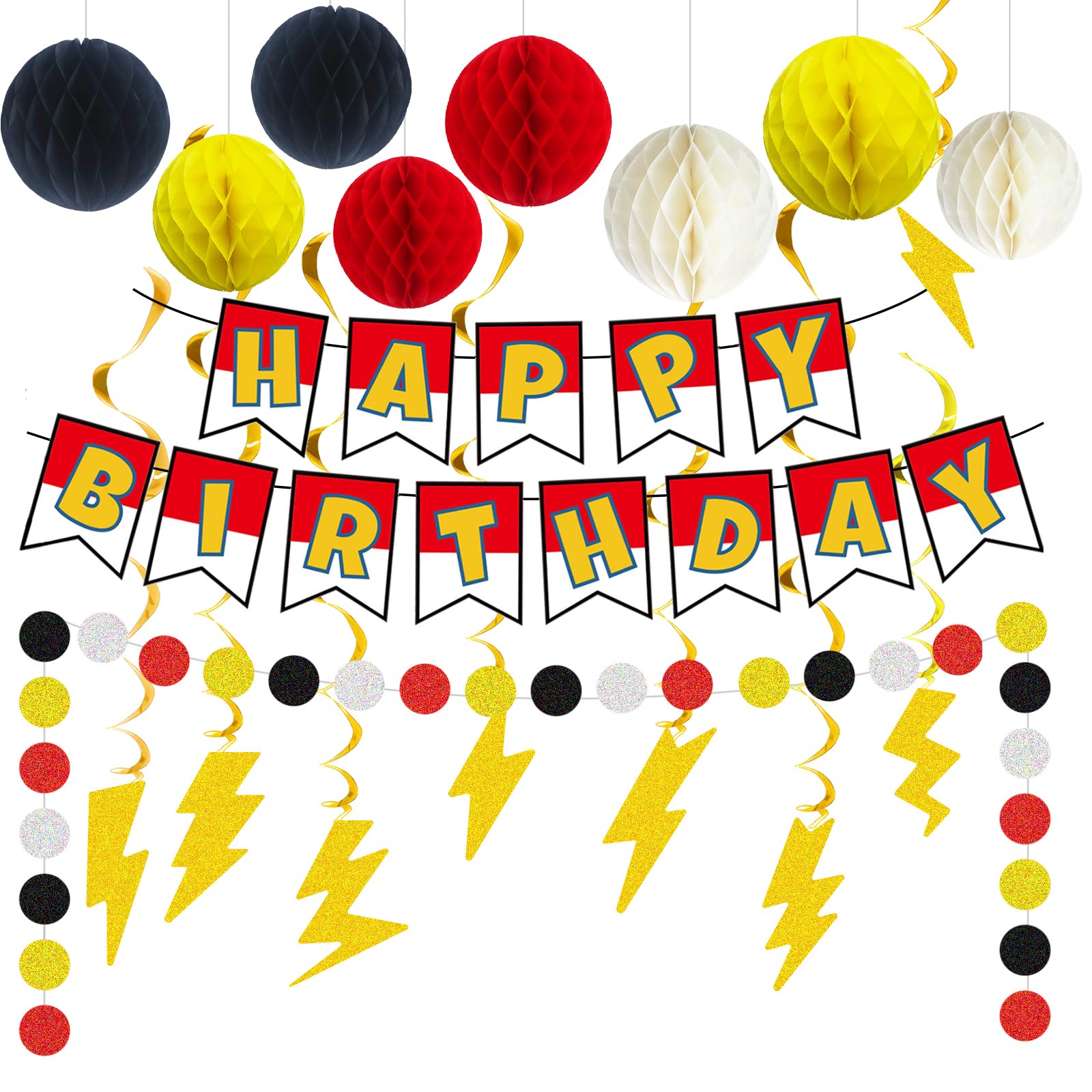 Cartoon Animation Birthday Party Decorations, Party Supplies Birthday Banner, Honeycomb Balls, Gold Theme Hanging Swirls, Circle Dots Garland, for Boys and Girls