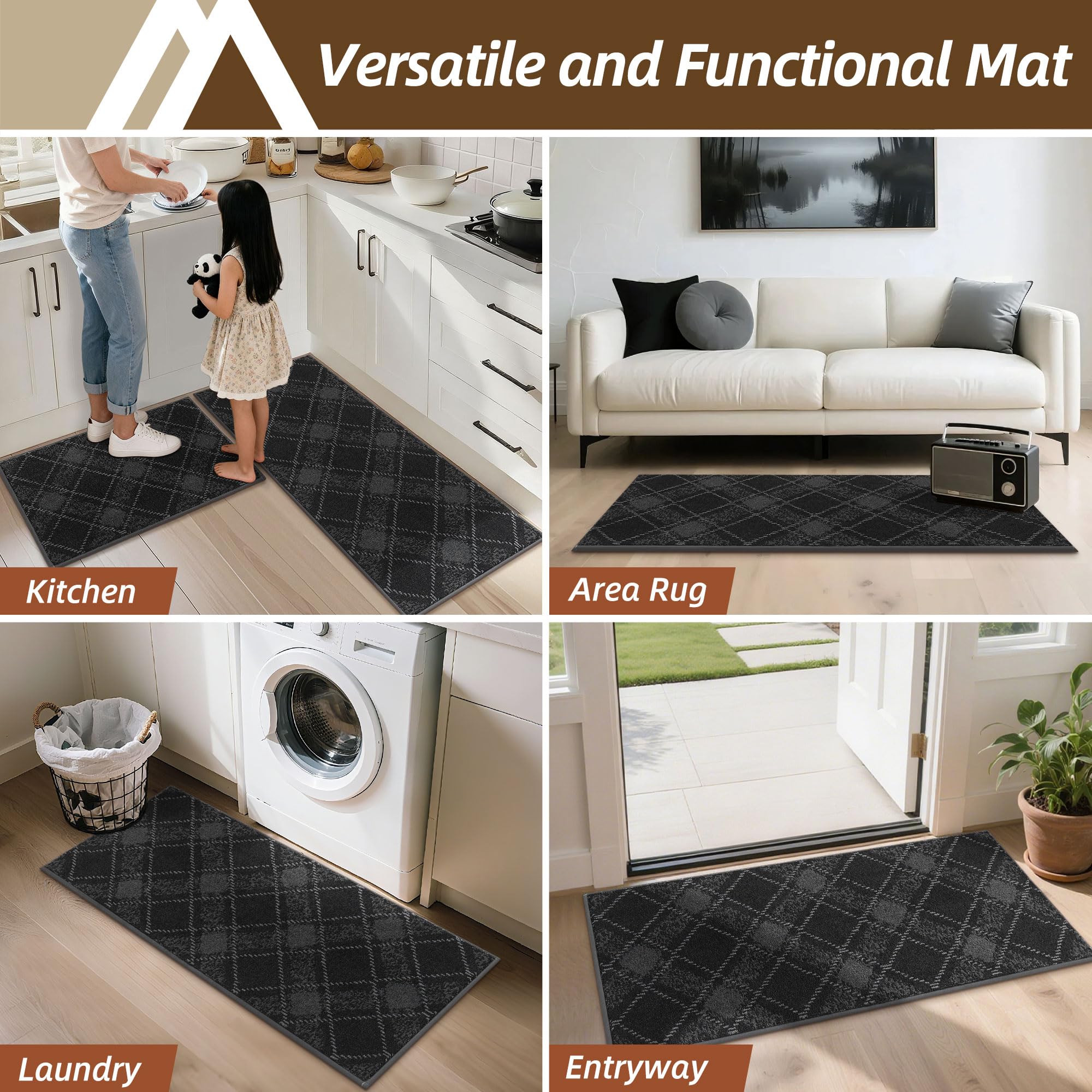COSY HOMEER Kitchen Rugs and Mats Sets 2PCS Non-Slip Soft Kitchen Mats for Floor Absorbent and Stain Resistant Kitchen Floor Mat Washable Plaid Rugs for Kitchen,20"x32"+20"x48",Dark Grey