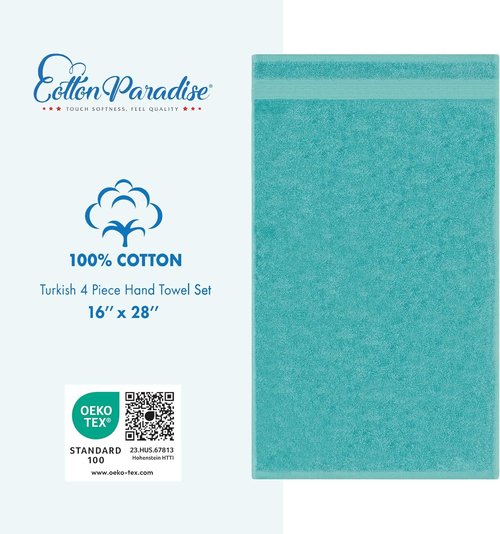 Cotton Paradise Hand Towels - 100% Turkish Cotton, Soft & Absorbent | 4-Piece Turquoise Set