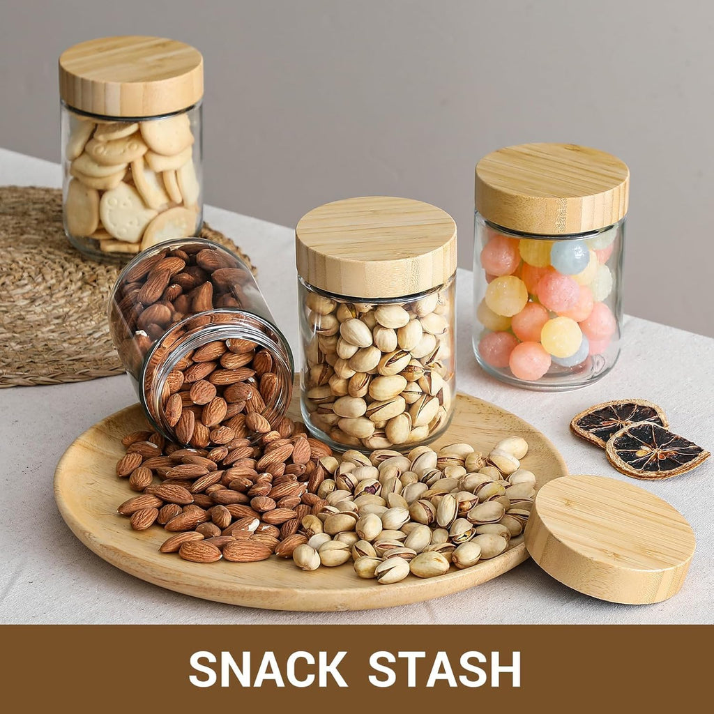 NETANY 16oz Glass Jars - 6-Pack Airtight Containers with Bamboo Lids for Overnight Oats & Snacks