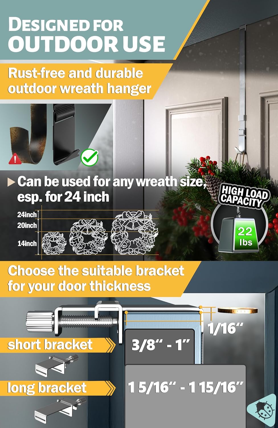 Menz Wreath Door Hanger - Adjustable Non-Scratch Decoration Holder for Front Door | Stainless Steel