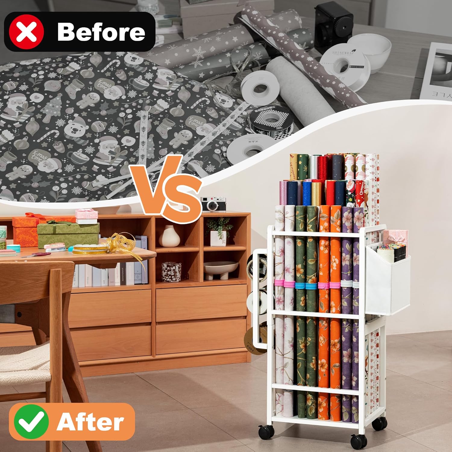 Aquzee Gift Wrapping Paper Organizer - Vertical Storage Cart with Adjustable Rod & Ribbon Holders | 12 PCS Slap Bracelets, White
