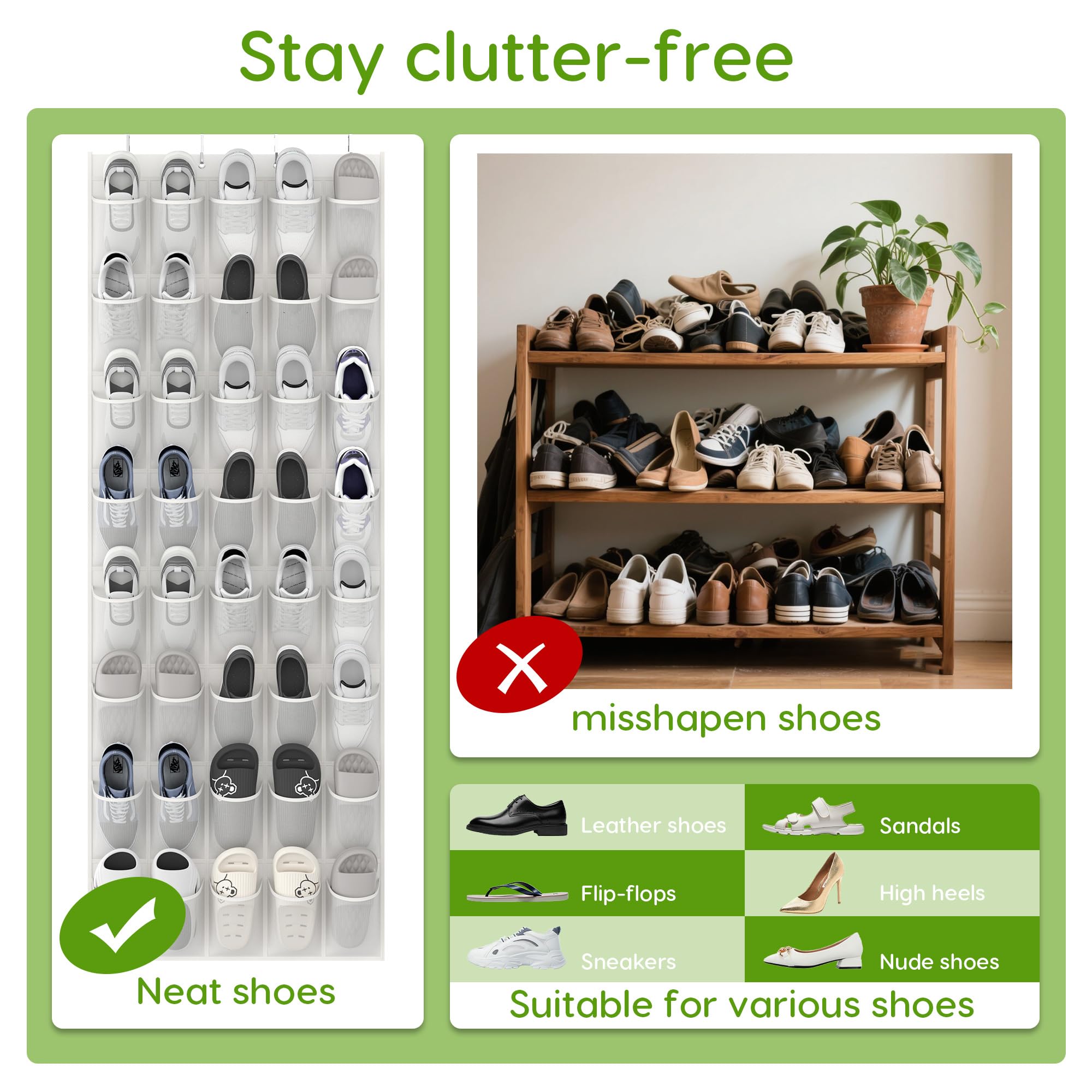 Unjumbly Over the Door Shoe Organizer with 40 Large Breathable Mesh Pockets, Space Saving Shoe Holder, Hanging Shoe Rack for Entryway Bedroom Closet Storage (White, 40 Pockets)