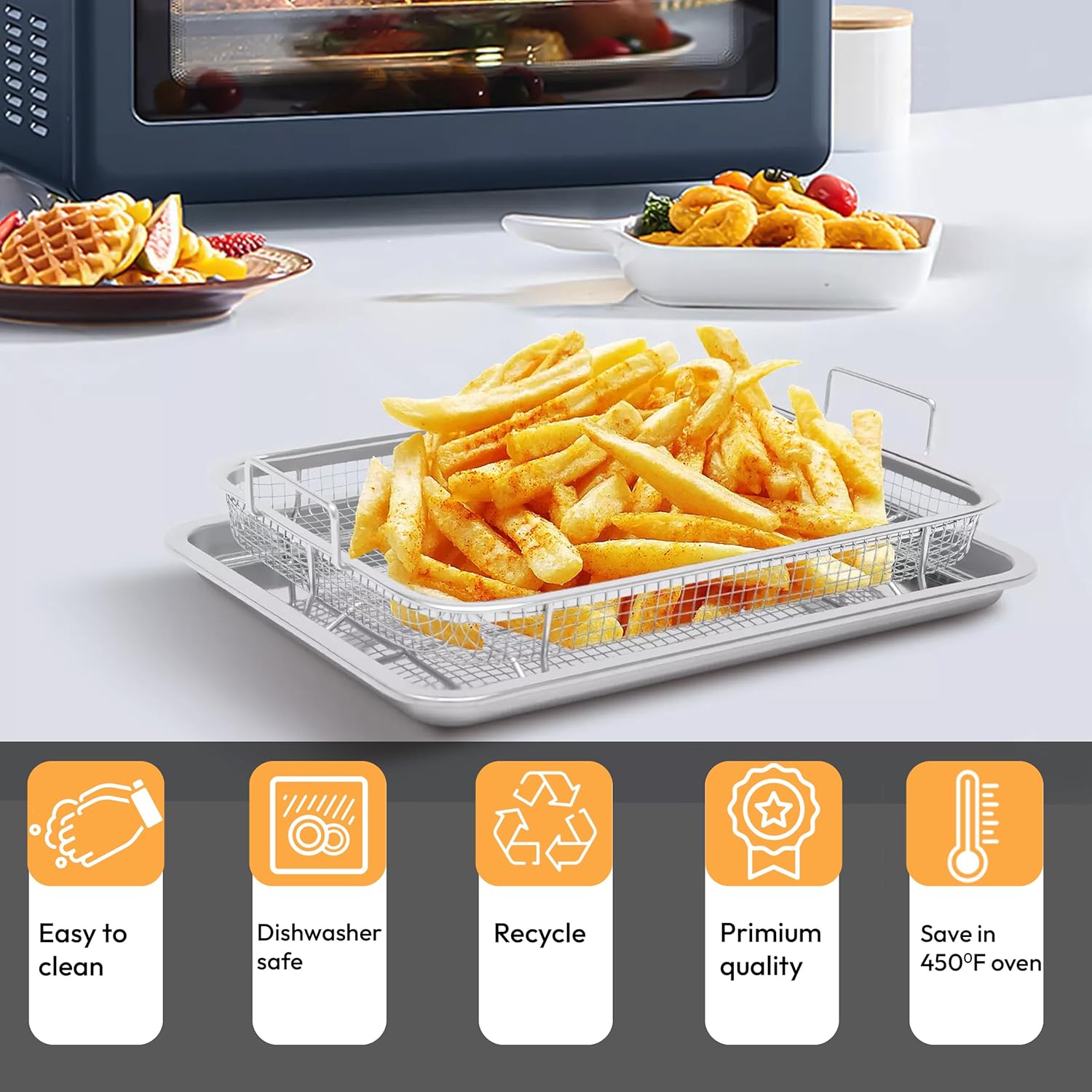 OvenCrisp Air Fryer Basket Set - 15.6" X 11.6" Stainless Steel Pan & Crisper Tray with 30 Parchment Papers