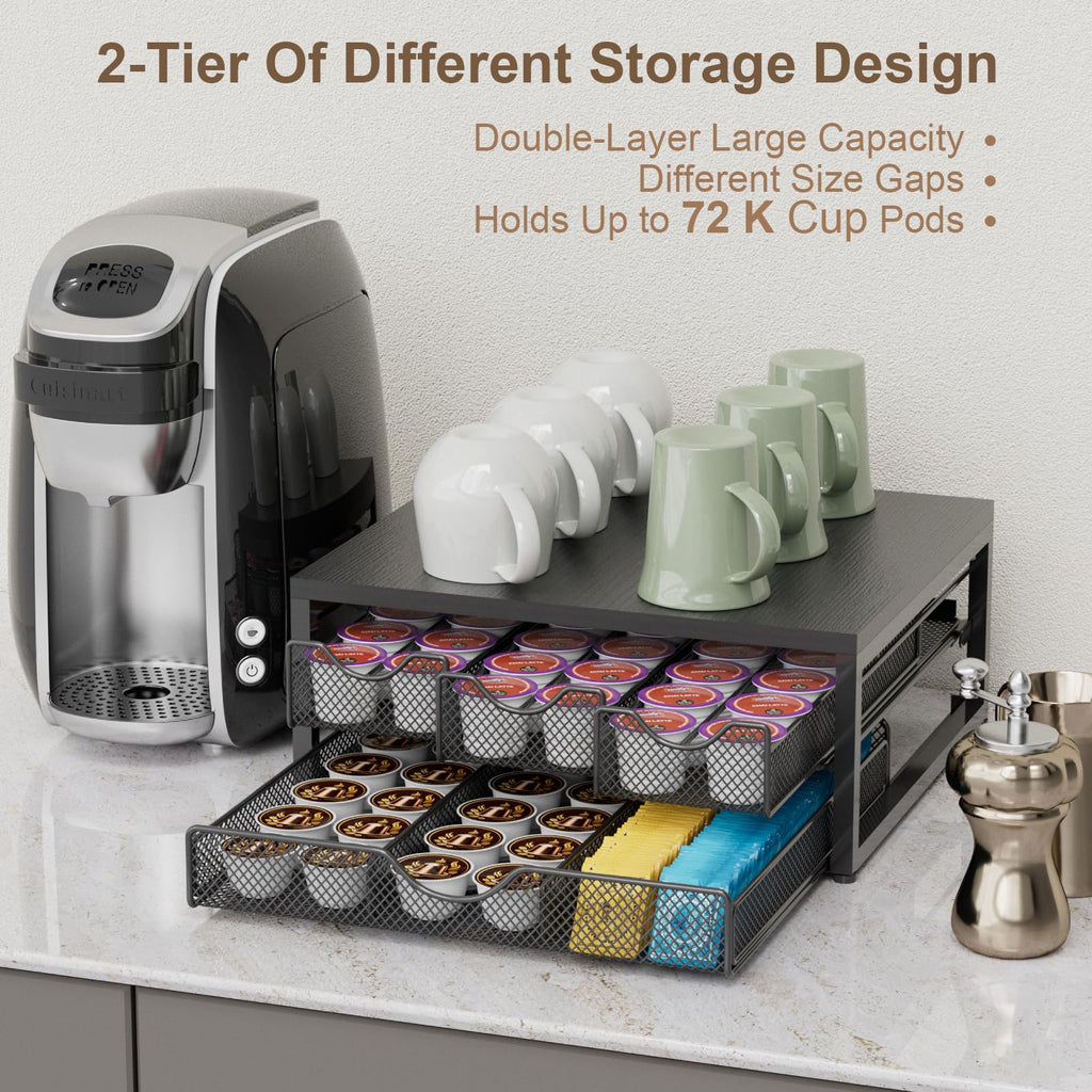 Coffee Pod Holder For Counter, 3 Pull-Out 72 K-Cup Holder Drawer, Wooden Cafe Pods Storage Organizer with Sliding Drawers for Coffee Station, Home, Kitchen, Office, Dorm (Black)