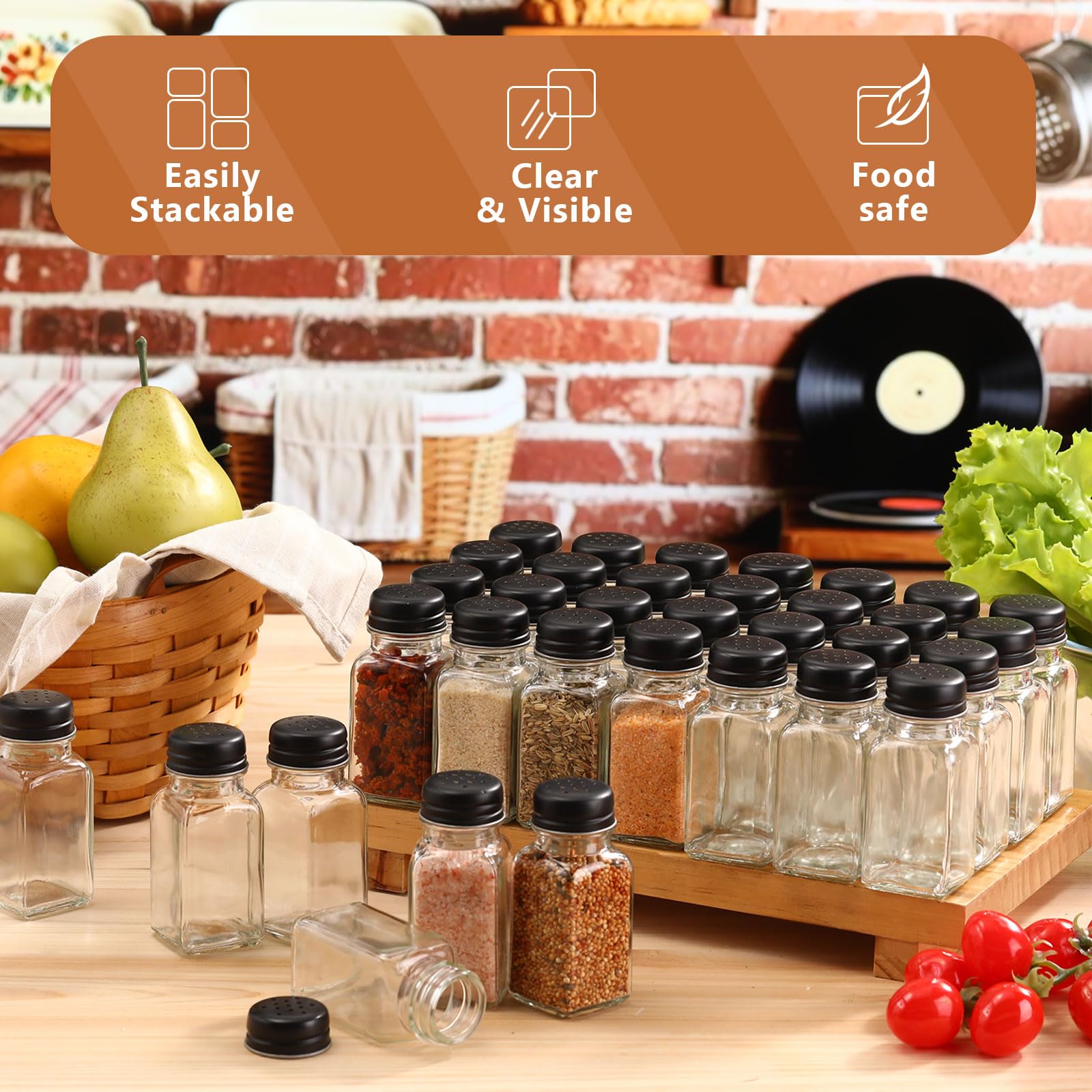 Bokon 48 Pack Glass Salt Shaker Bulk with Stainless Lids 2.7oz Small Spice Shaker for Kitchen Restaurants and Catering Wedding Party Supplies(Black,Classic)