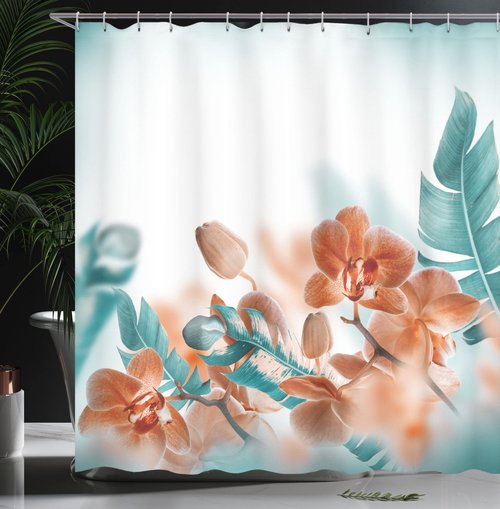 Ambesonne Tropical Shower Curtain Tropical Style Bathroom Decor Orchids Blossom Leaves on Blurred Background Floral Themed Modern Art Fabric for Bath Decor Set with Hooks 69" W x 70" L, Orange Teal