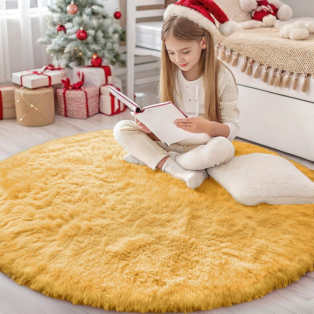 OLANLY Round Mustard Yellow Rug - Soft, Fluffy Shaggy Carpet for Bedroom, 4 ft Circle Area Rug | Machine Washable