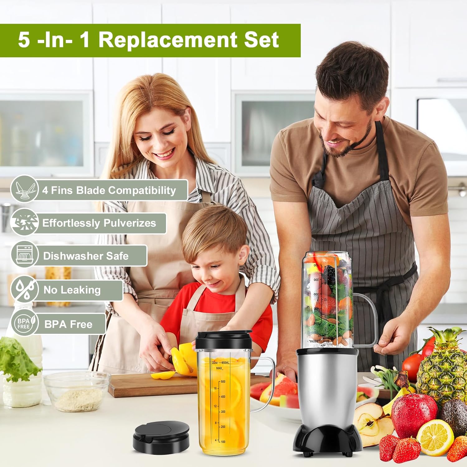 UBYNID Magic Bullet Blender Cups - 22oz Tall Replacement Cups with Flip Top Lid & 4 Fins Blade