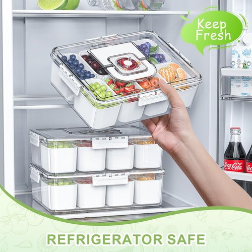 Locliki Chilled Snackle Box Container with Ice Pack, Charcoolerie Chilled Portable Serving Tray with Lid and Handle， 8 Compartment Snack Container for Charcuterie Snack Road Trip Picnic Keep Fresh